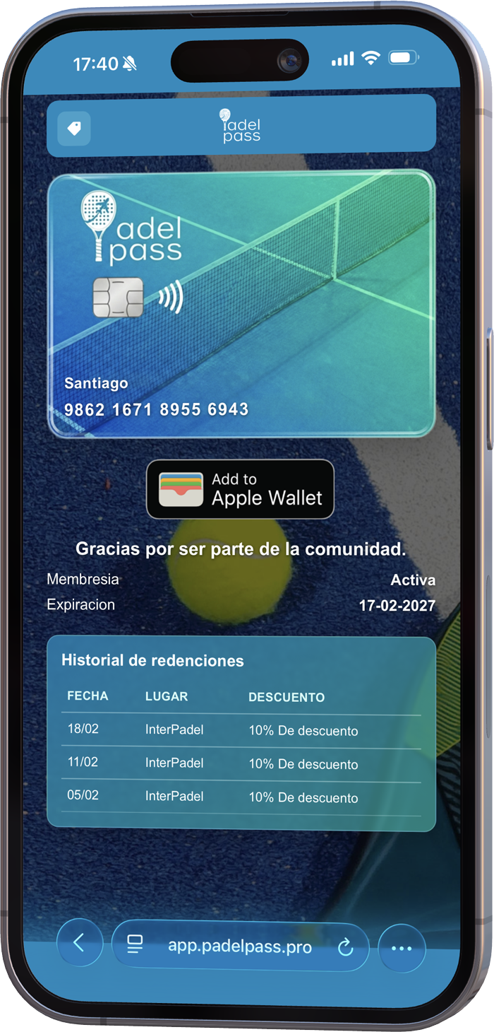 Vista de la app Padel Pass